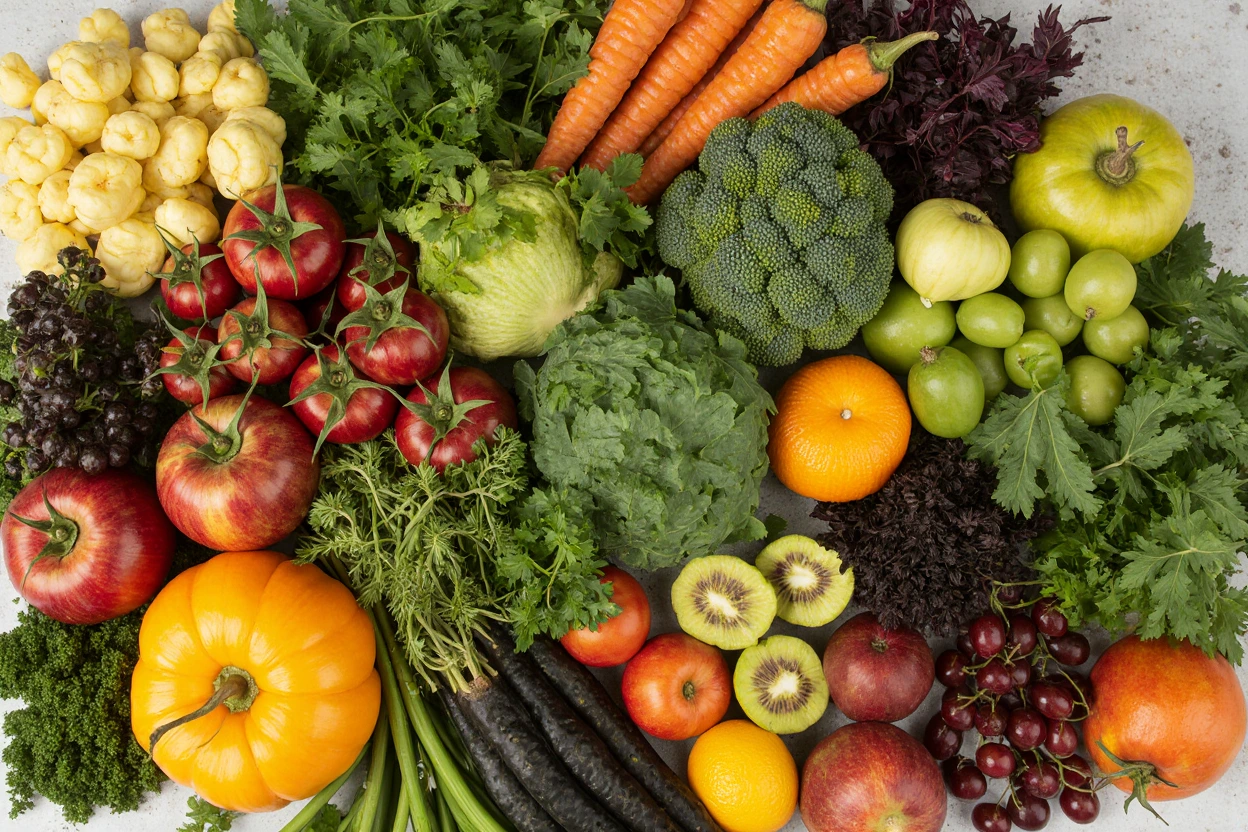Assortment of fruits, vegetables, and herbs high in antioxidants for promoting longevity