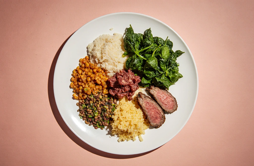 Various iron-rich foods like spinach, red meat, and lentils on a plate